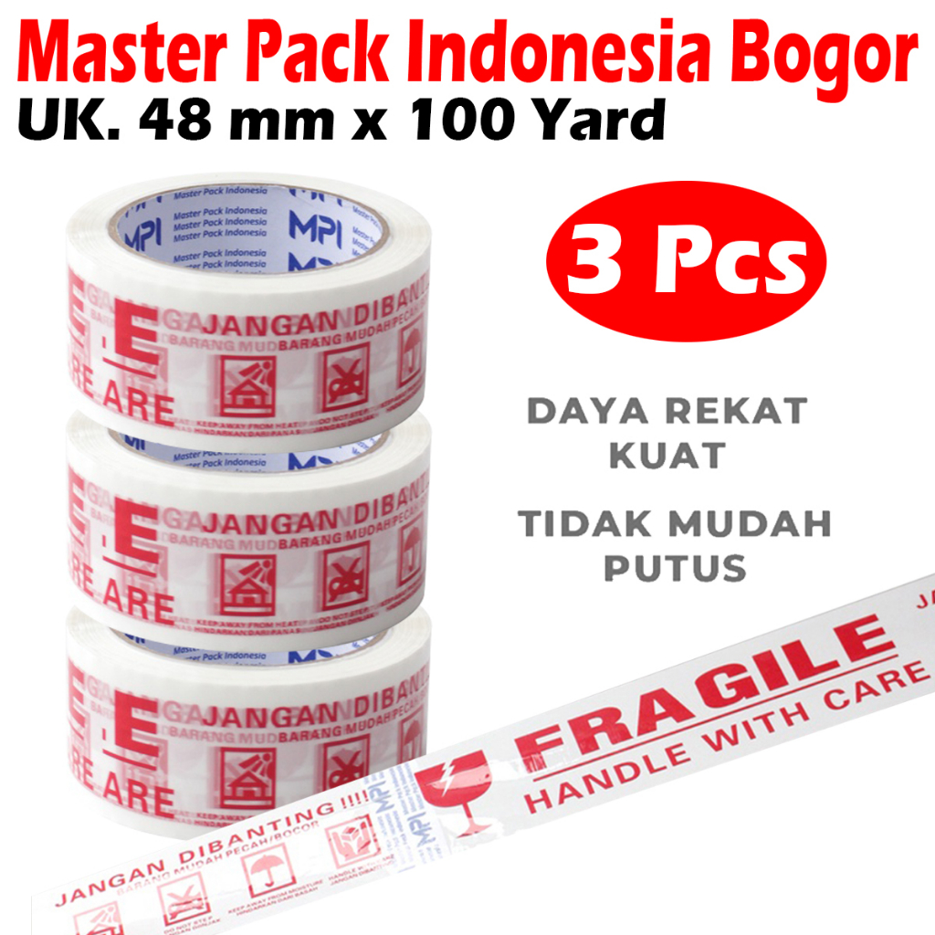 

3 PCS - Lakban Fragile Putih 48 mm x 100 Yard Handle With Care Jangan Dibanting - Master Pack Indonesia