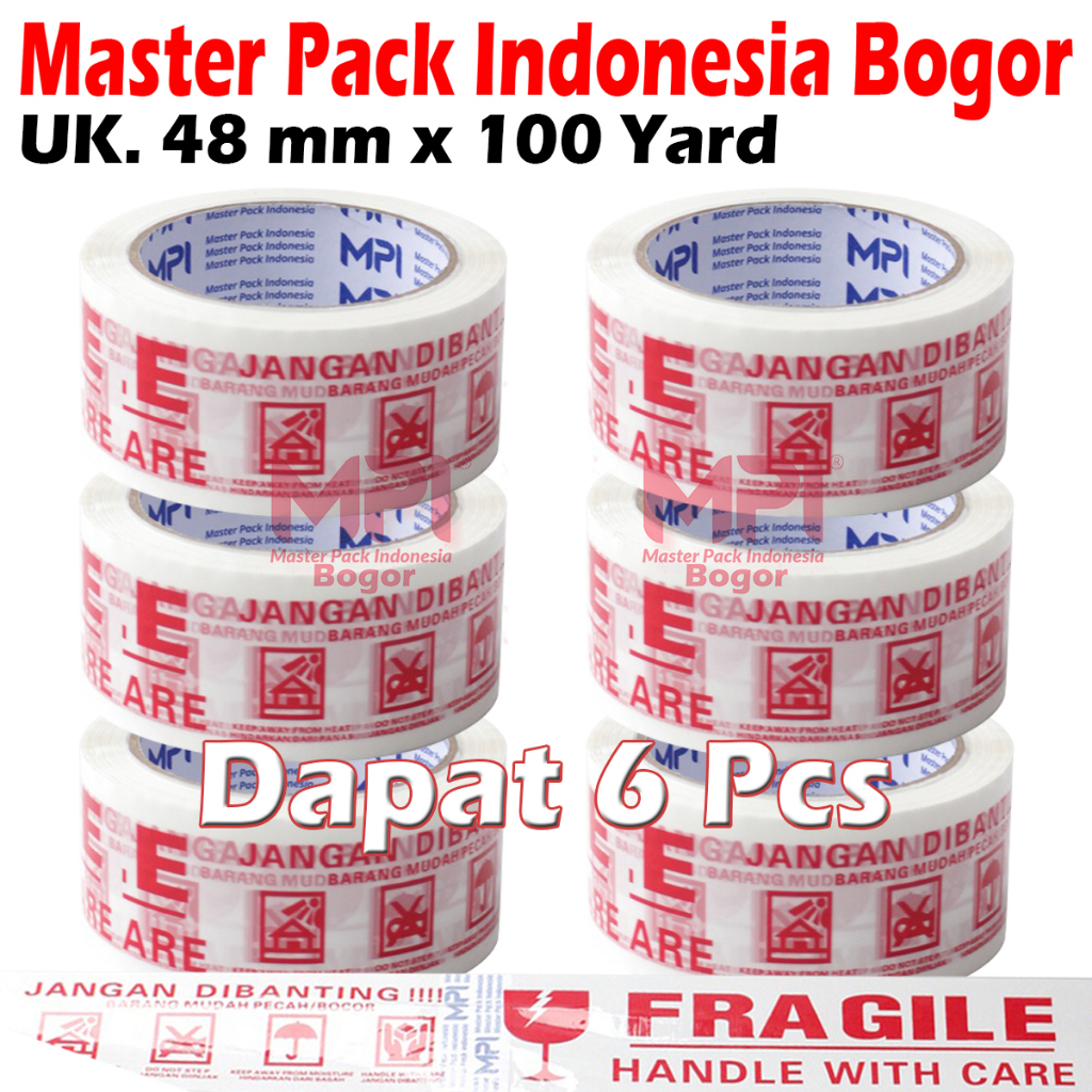 

6 PCS - Lakban Fragile Putih 48 mm x 100 Yard Handle With Care Jangan Dibanting - Master Pack Indonesia