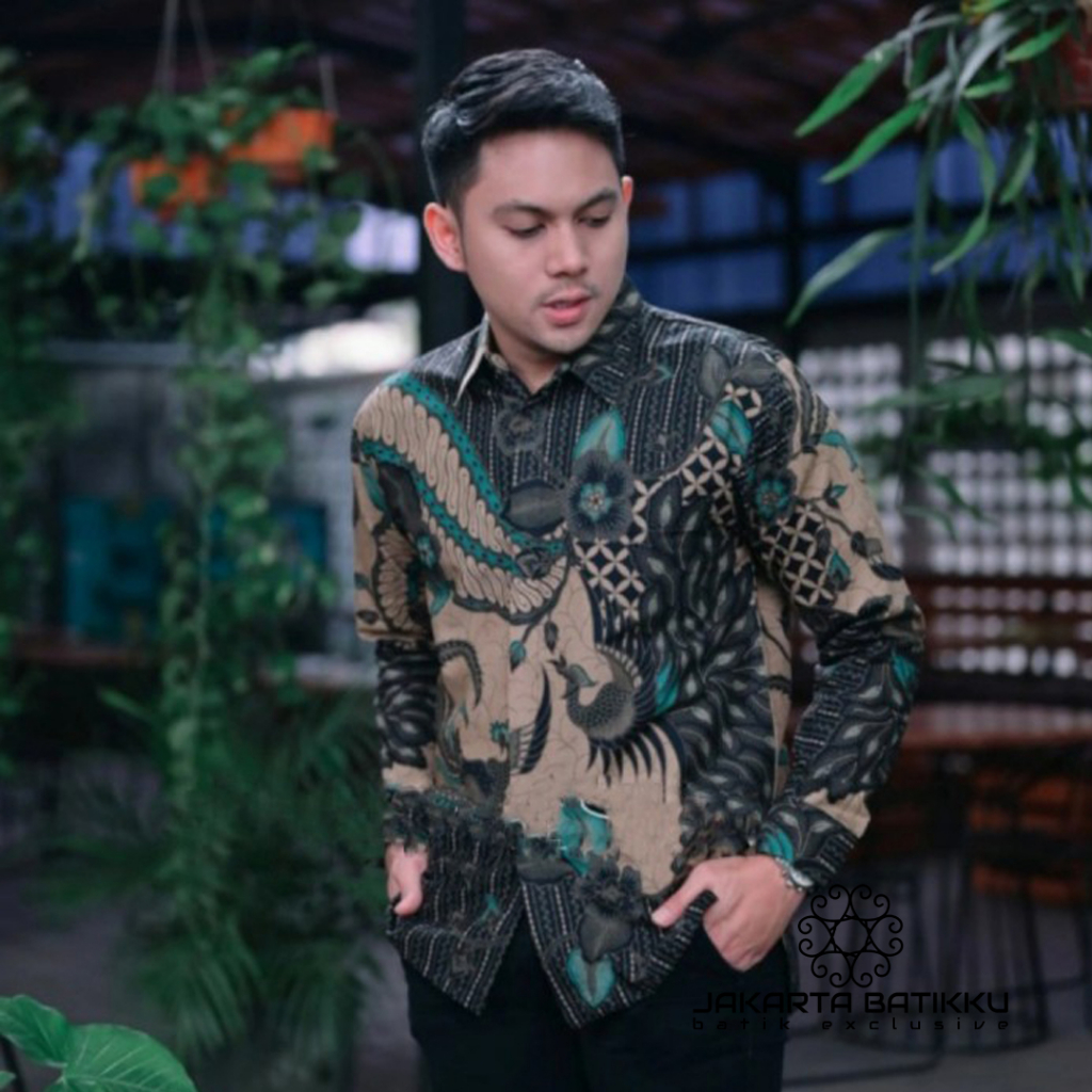 Batik pria lengan panjang warna biru dan coklat premium cocok untuk kerja kantor mewah