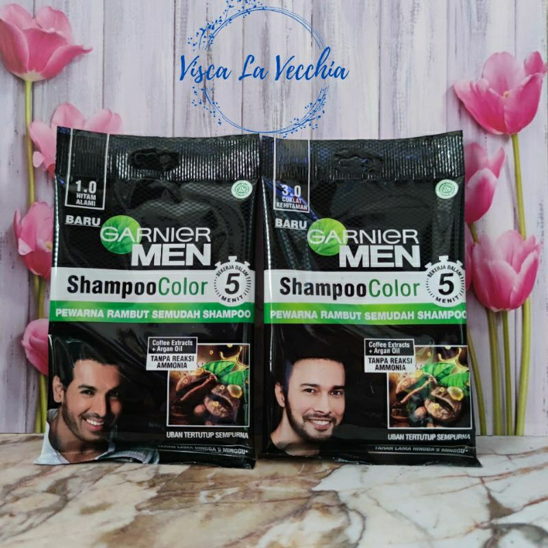 Garnier Men Shampoo Color - Garnier Pewarna Rambut Sachet Hitam Alami / Coklat Kehitaman