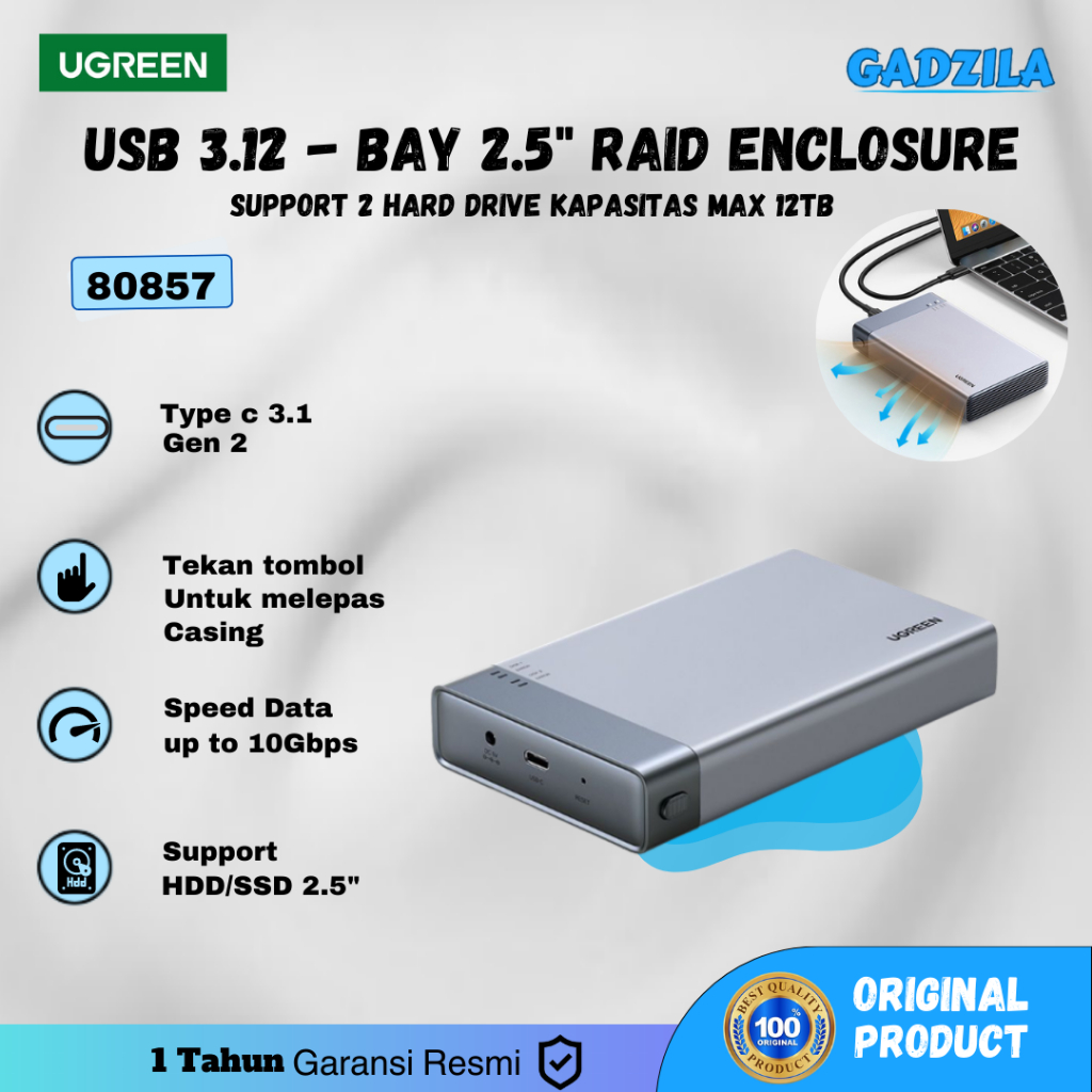 UGREEN USB C 3.1 To 2.5inch Dual Bay RAID Hard Drive Enclosure 80857