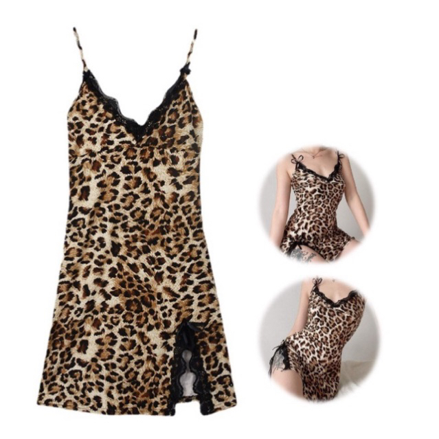 [ SJB ] L-06 Lingerie Seksi Cantik Motif Leopard Baju Tidur Dress Dres Satin Sexy Fashion Korea
