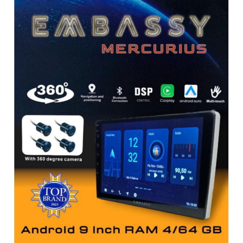 headunit android mobil 9 inch ram 4/64gb embassy mercurius Qled + camera 360 Promo cuci gudang