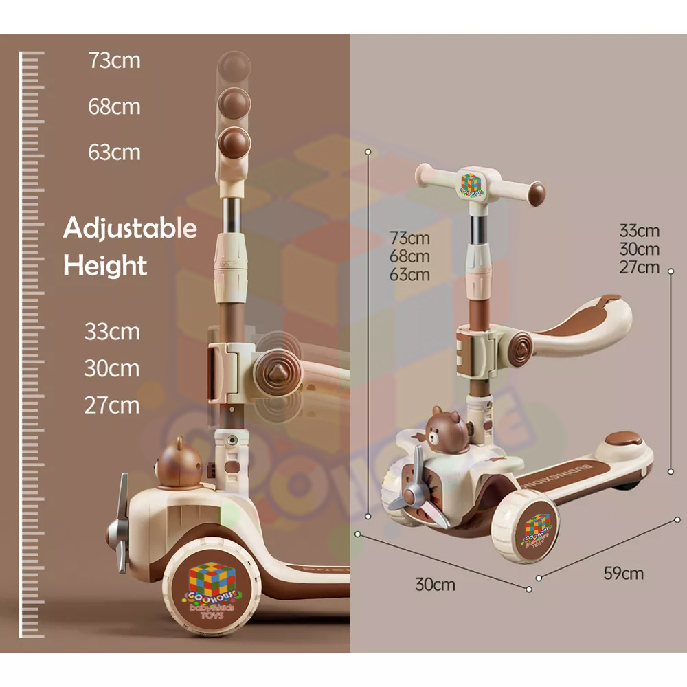 Scooter Anak 3 Roda Lipat 2in1 + Stang Dorong Tinggi Adjustable Lampu LED & Musik Skuter Anak Kado