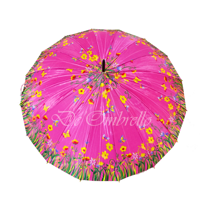 (062)Payung 16 Jari Bahan Saten Motif Kembang Campur Handle Emas Premium Quality Umbrella