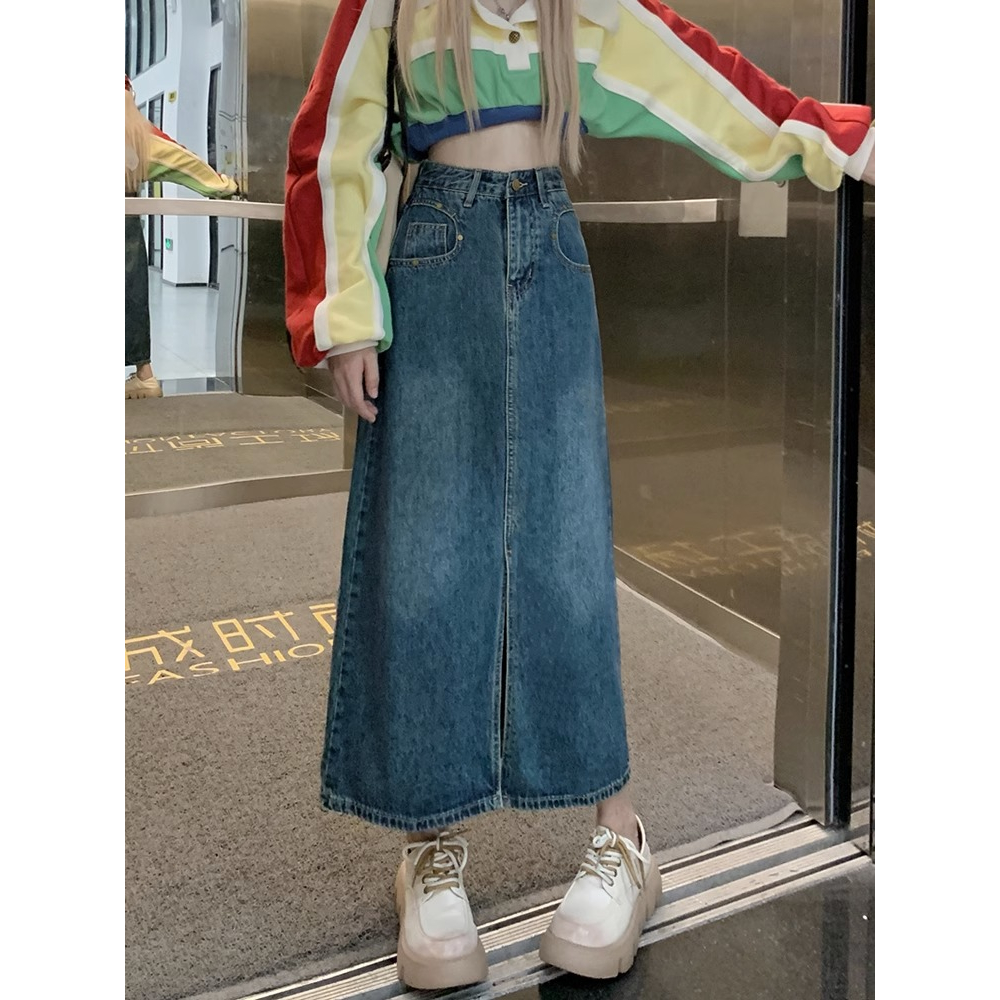 Emily Rok-Kekinian Korean Premium Rok midi A-line Denim Loose Highwaist