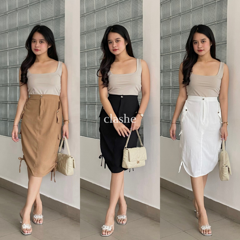 Xyna Skirt Rok Cargo Serut Wanita Crinkle Airflow Anti Lecek Korean Style Terbaru Kekinian Viral by 