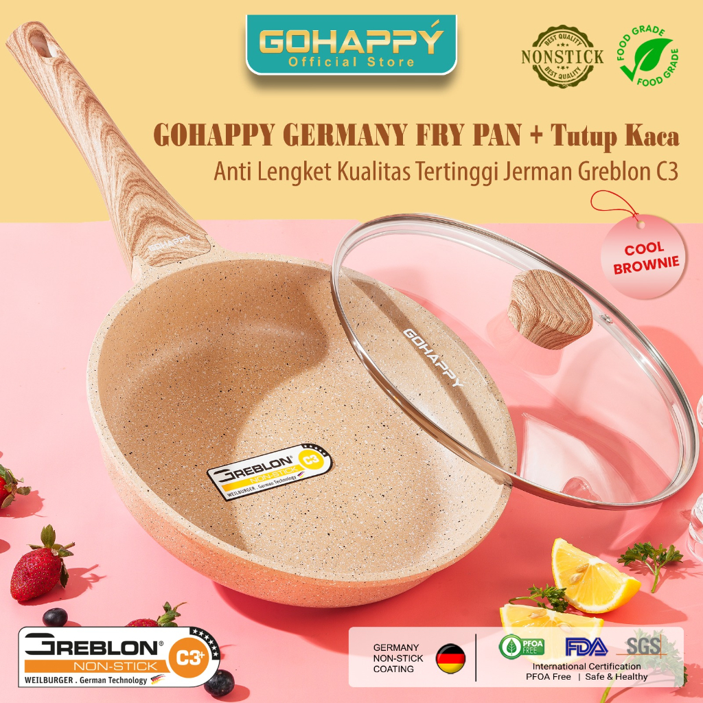 PANCI FRY PAN Tutup Kaca 24cm GOHAPPY GERMANY GRANITE COOL BROWNIE frypan / penggorengan Anti Lengke