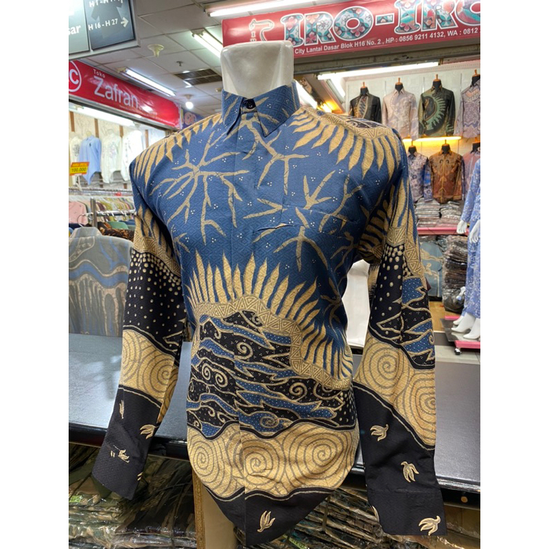Kemeja batik pria lengan Panjang bahan dobby moti mega mendung Biru Hitam coksu