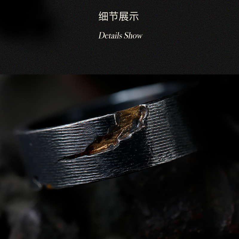 Cincin Hitam Gold Kelupas S925 / Cincin Vintage Retak Bertekstur Simple Elegant Bahan Perak Sterling