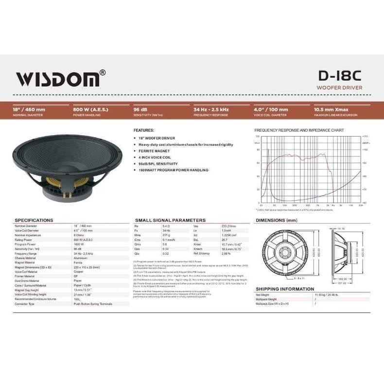 Speaker komponen wisdom d-18c / d18c / d 18c 18 inch