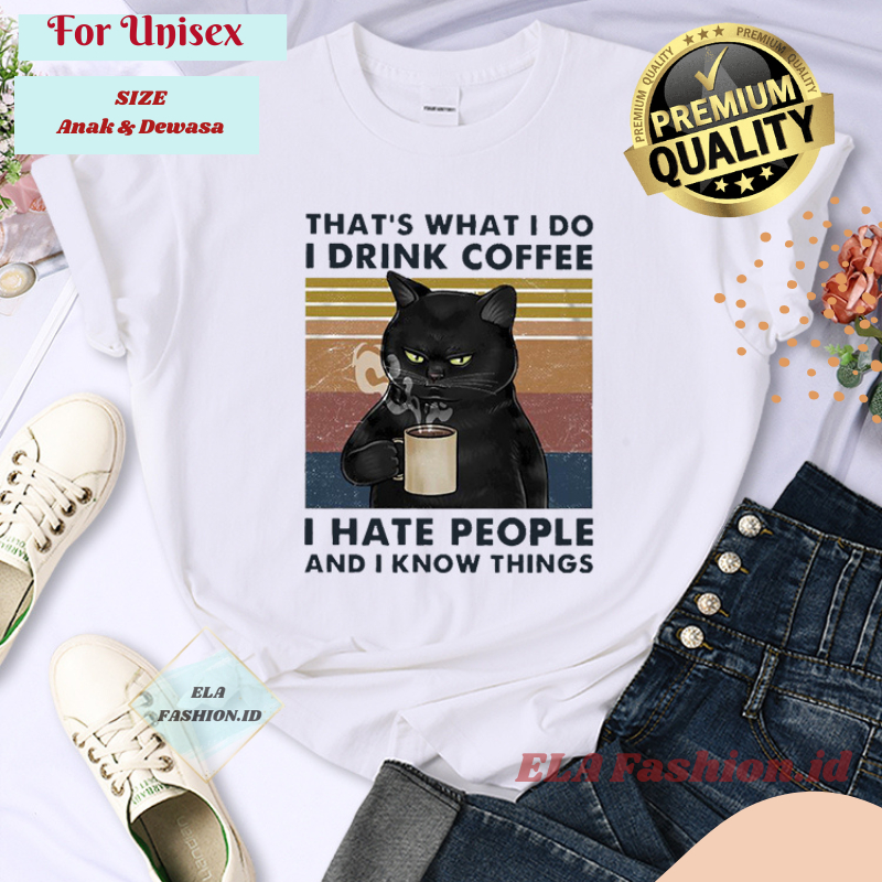 Kaos I Drink Coffee Pakaian Atasan Wanita Kasual Gambar Kucing Lucu