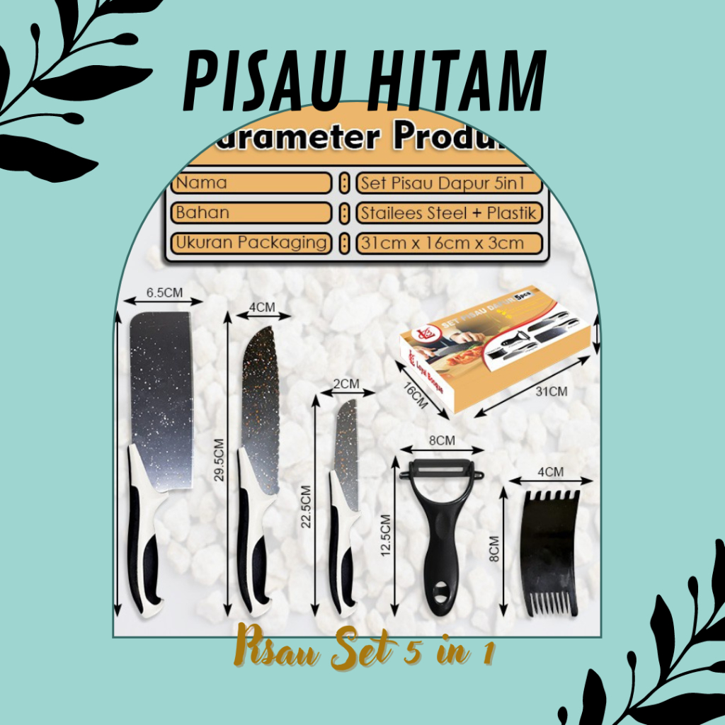 Pisau Dapur Set Keramik 5in1 / Set Pisau Dapur isi 5pcs Hitam