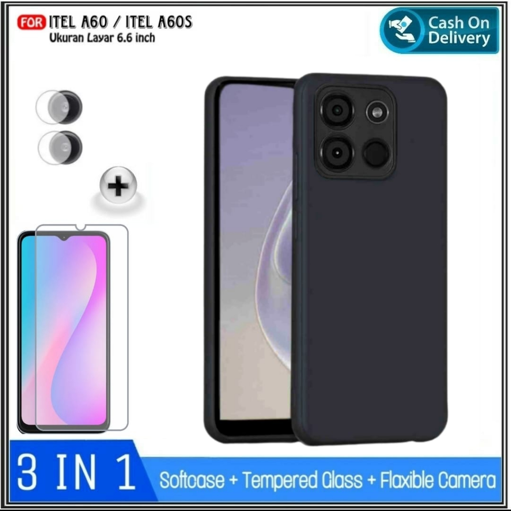 Paket 3IN1 Case Itel A60/A60s P40 4G Soft Case Premium Slim &amp; Tempered Glass Clear Di ROMAN ACC