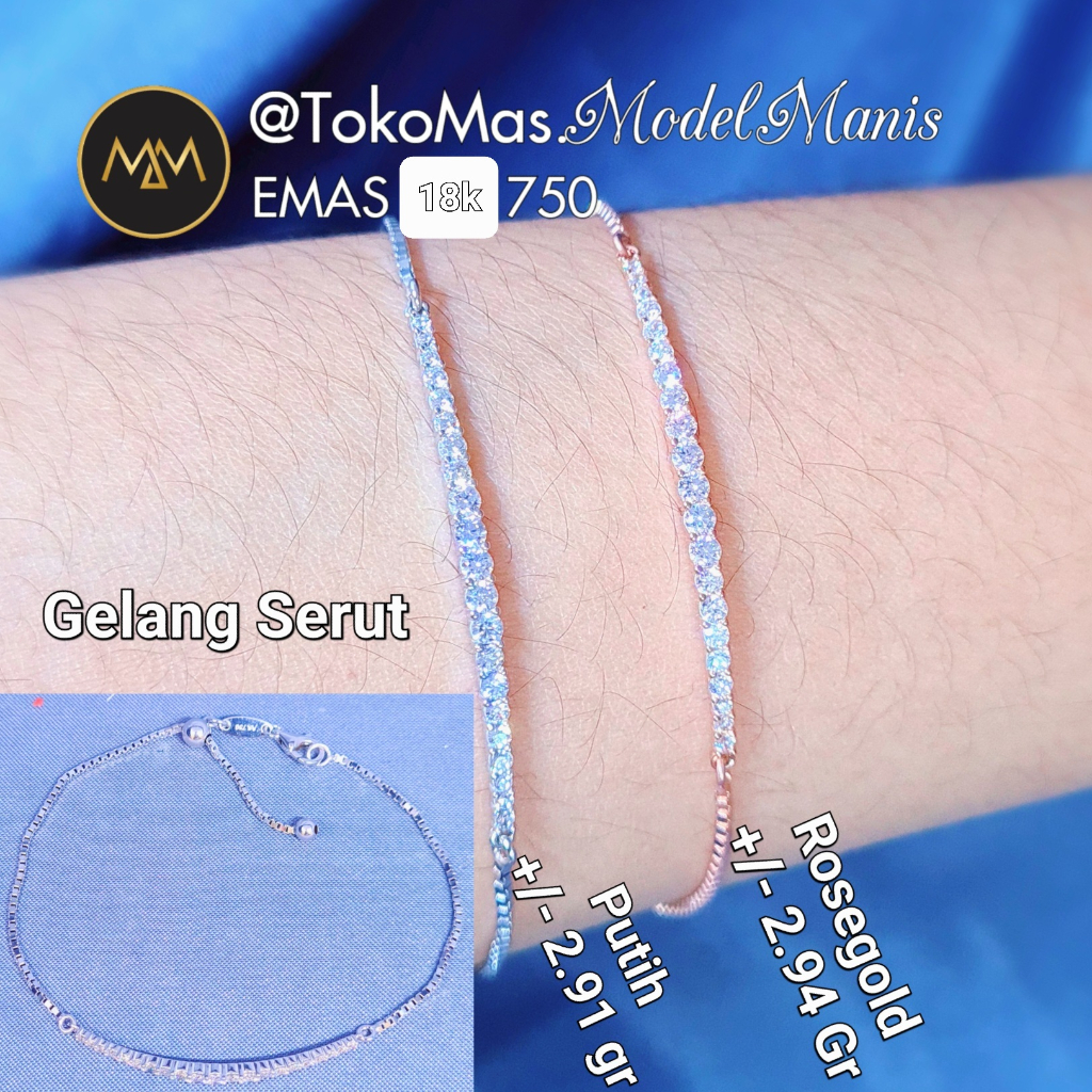 Gelang Serut Listring Mini emas putih rosegold 750 kadar 18k