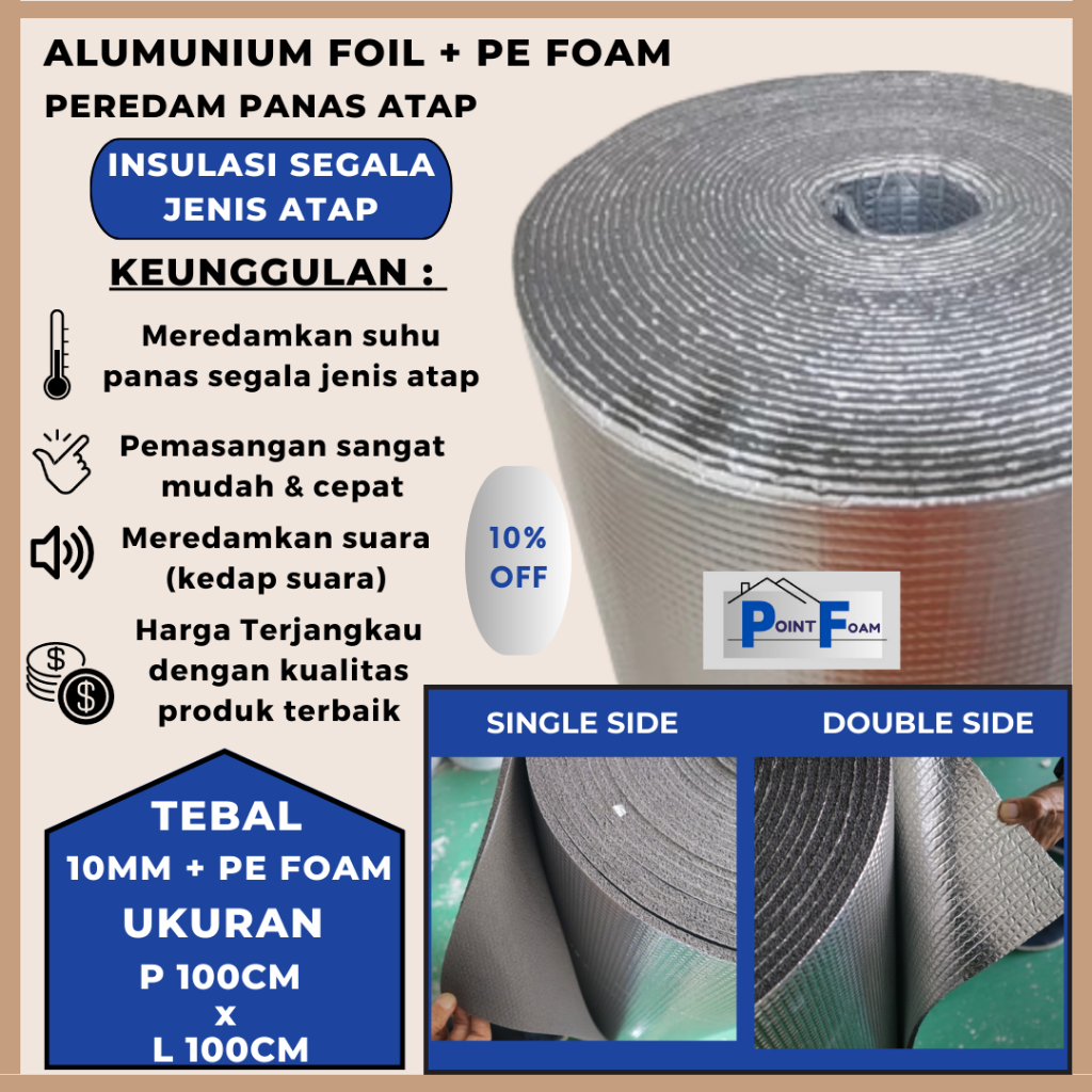 Alumunium Foil + PE Foam Peredam Panas Atap Tebal 10mm Insulasi Segala Jenis Atap 1mtrx1mtr