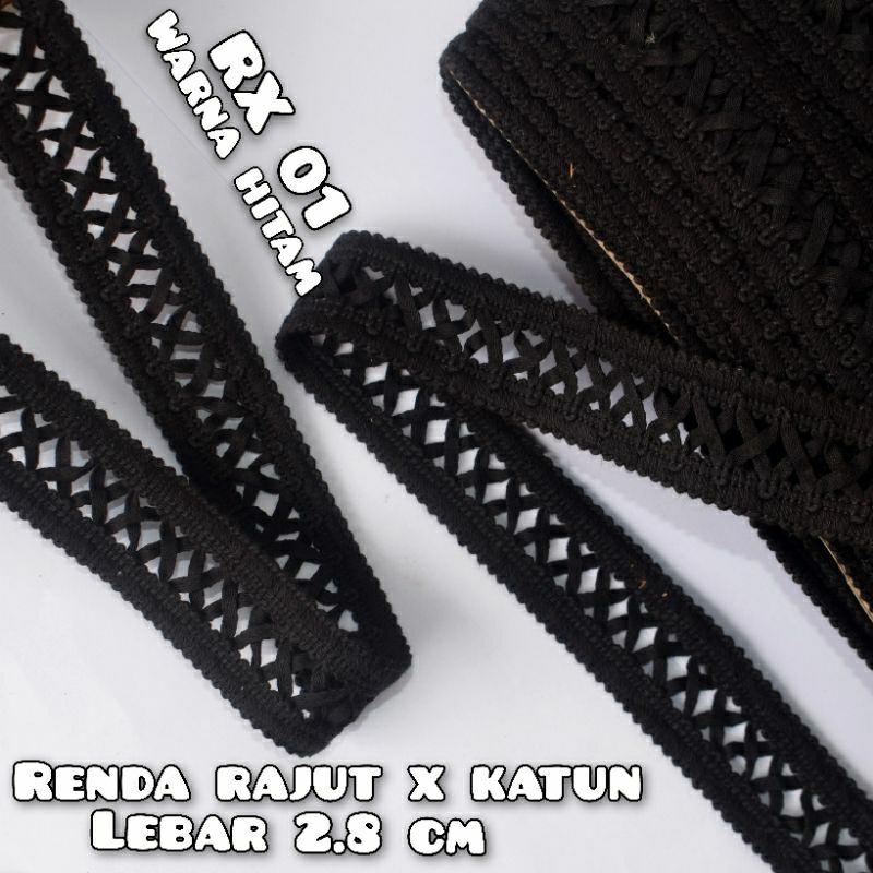 per meter renda rajut x warna hitam lebar 2.8 cm