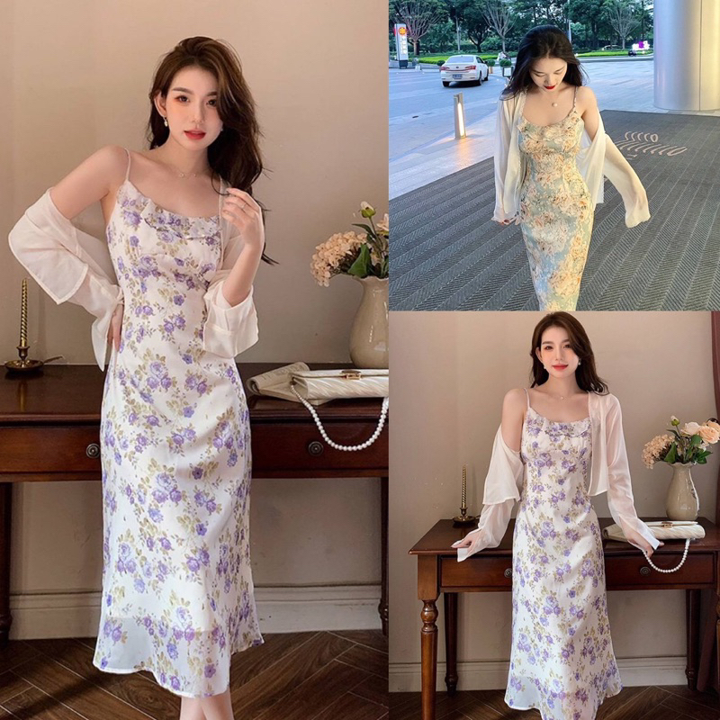 D1375 JANNIE KOREAN STYLE FLORAL VINTAGE SET MIDI DRESS PANTAI
