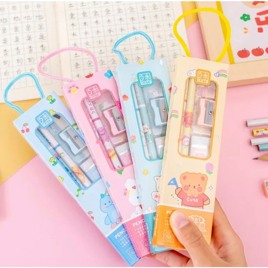 

Mini Stationary Set 5in1 Set paket Alat Tulis Sekolah 5 in 1 Pensil Set Karakter Kartun paket alat tulis anak lucu souvenir ulang tahun anak pack dus