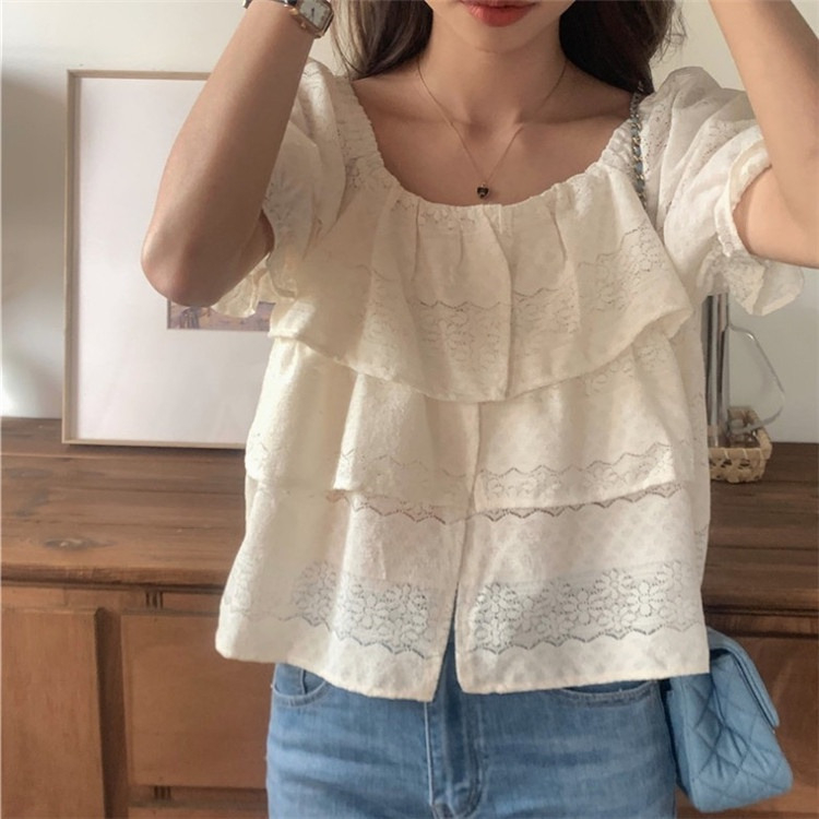 FW23-28811 Atasan Wanita. Women's Square Collar Flower Lace Tiered Shirt Top