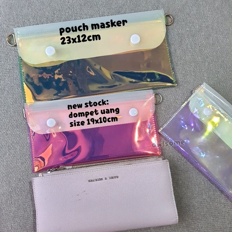 HOLOGRAM Pouch pvc rainbow 3 slots, pouch masker kf94, dompet uang pvc transparan