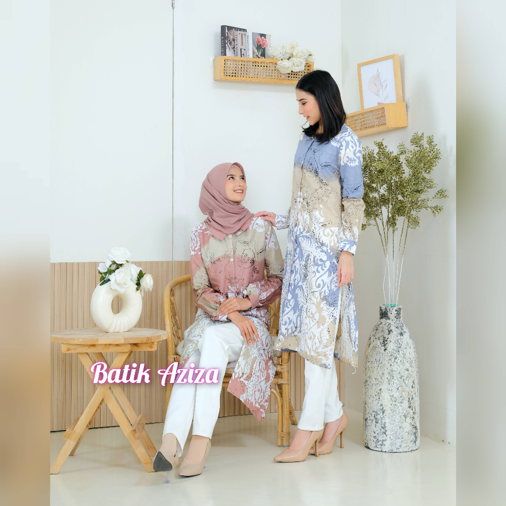 Long Tunik Batik Modern Wanita 2in1 Tunik dan Long Outer Vanilla by Batik Aziza