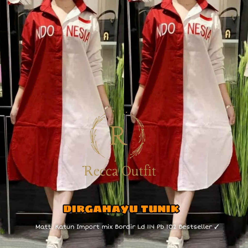 Dirgahayu Long Tunik Kemerdekaan Merah Putih Indonesia Recca Premium Katun Bordir