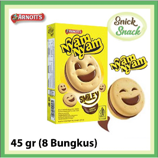 

Nyam Nyam Smiley 45 gr isi 8 Bungkus Biskuit Sandwich Coklat Bentuk Smile Senyum Snack Anak