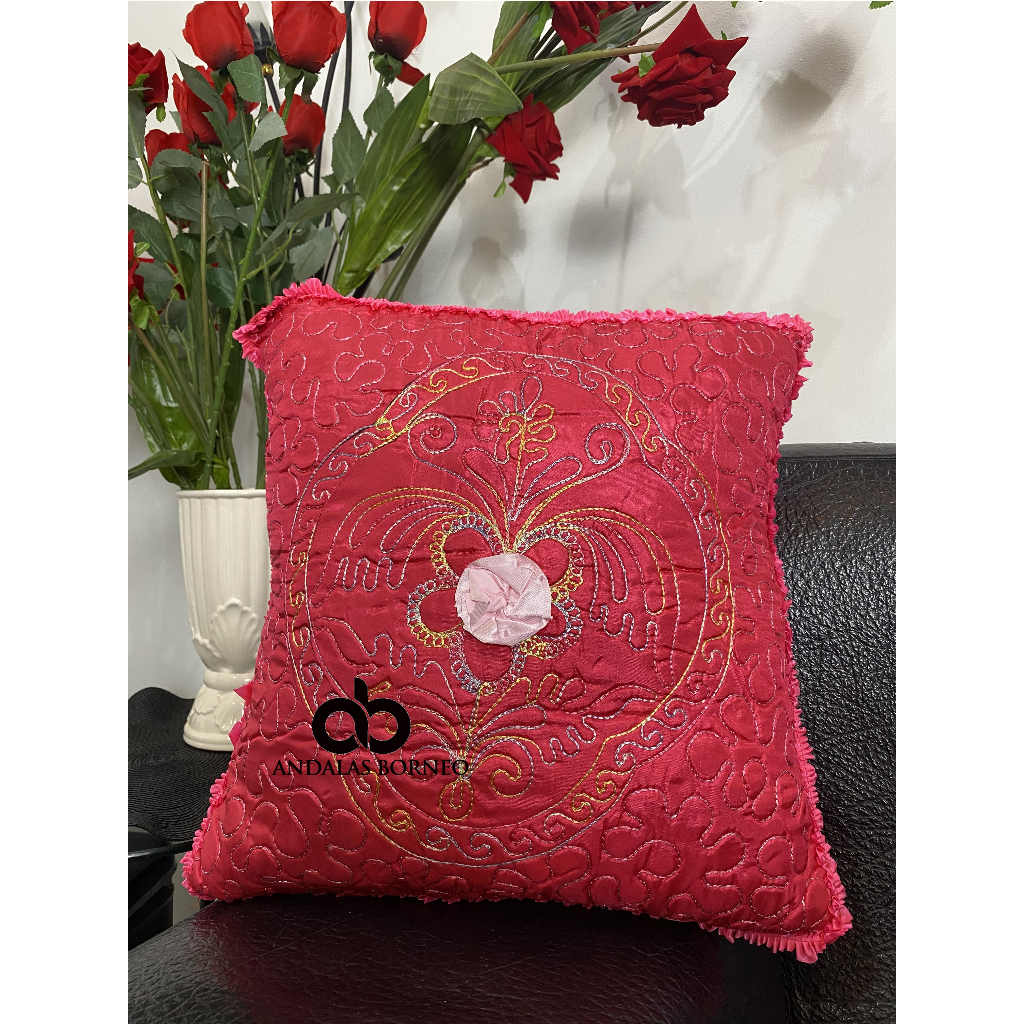 Sarung bantal sofa bordir motif 1 bunga set 5 PCS 30x30 andalas borneo murah warna merah red