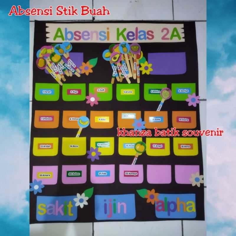 Hiasan dinding kelas Absensi Stik Buah-buahan