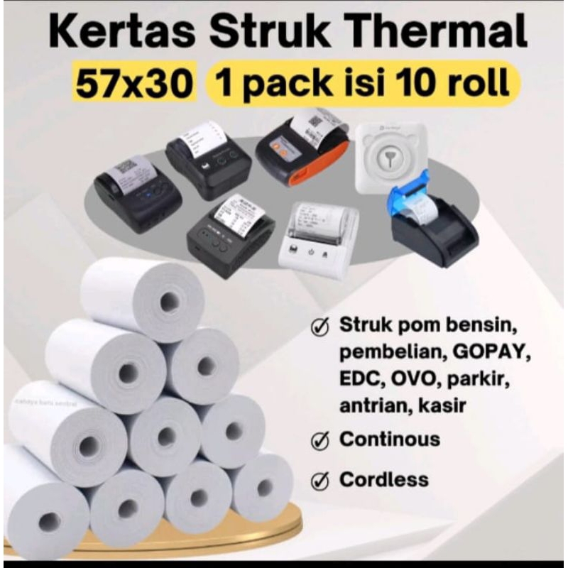 

Kertas thermal 57x30mm coreles paket 10 Roll