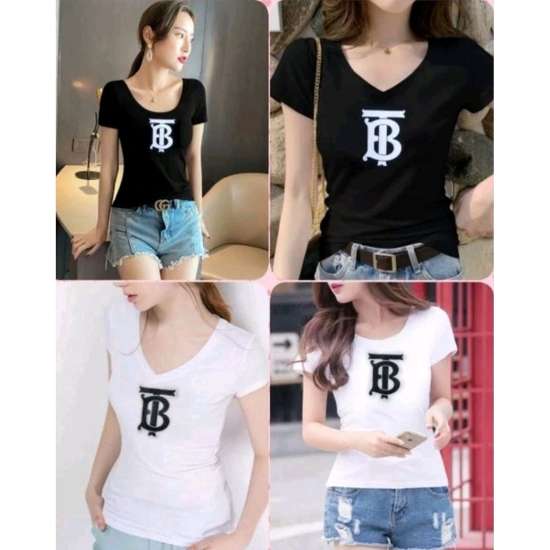 kaos wanita cewek import bodyfit stretch u neck v neck