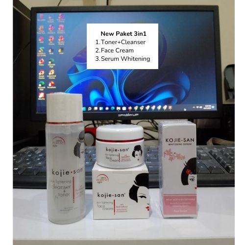 ( NEW Paket Kojiesan ) Kojie san 3 in 1/ Toner+Cleanser 100ml / Face Lightening Cream 30gr / Serum K