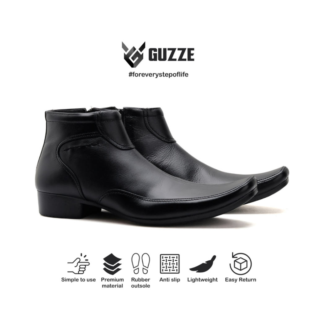 Sepatu Pantofel Pria Kulit Asli Formal Tinggi Zipper Guzze Akira Kerja Kantoran Hitam Model Oxford