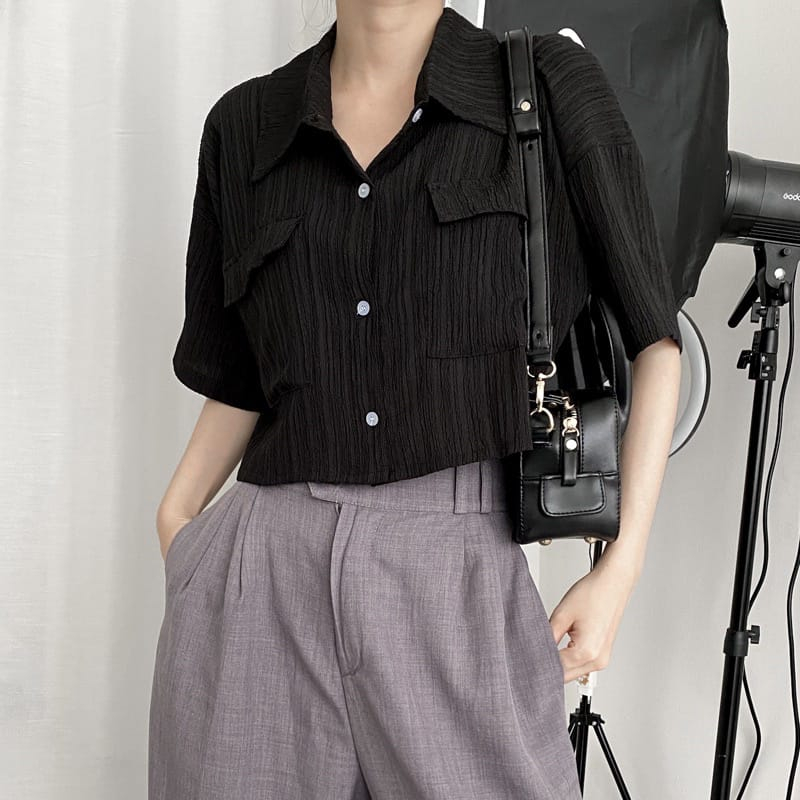 hijab_m Kemeja Lengan Pendek - Kemeja Crop Top - Kemeja Wanita - bahan Lady crush.