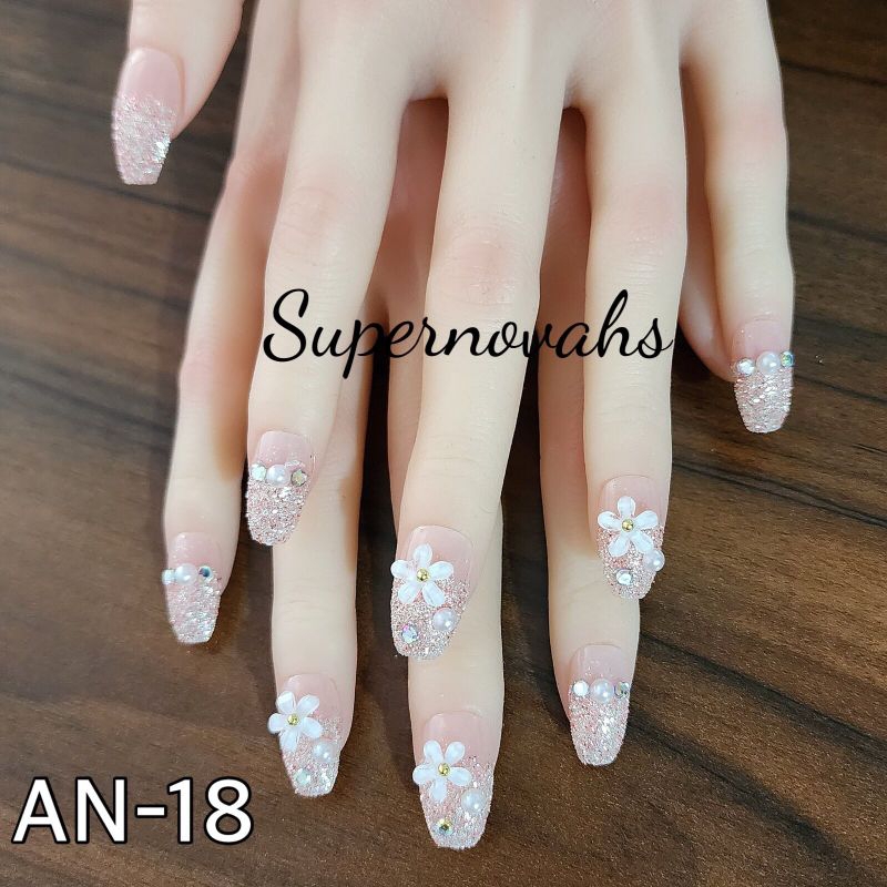 24Pcs Kuku Palsu Tangan Wedding Pengantin Kuku Palsu 3D Fake Nail Art Wedding Anniversary Kuku Palsu