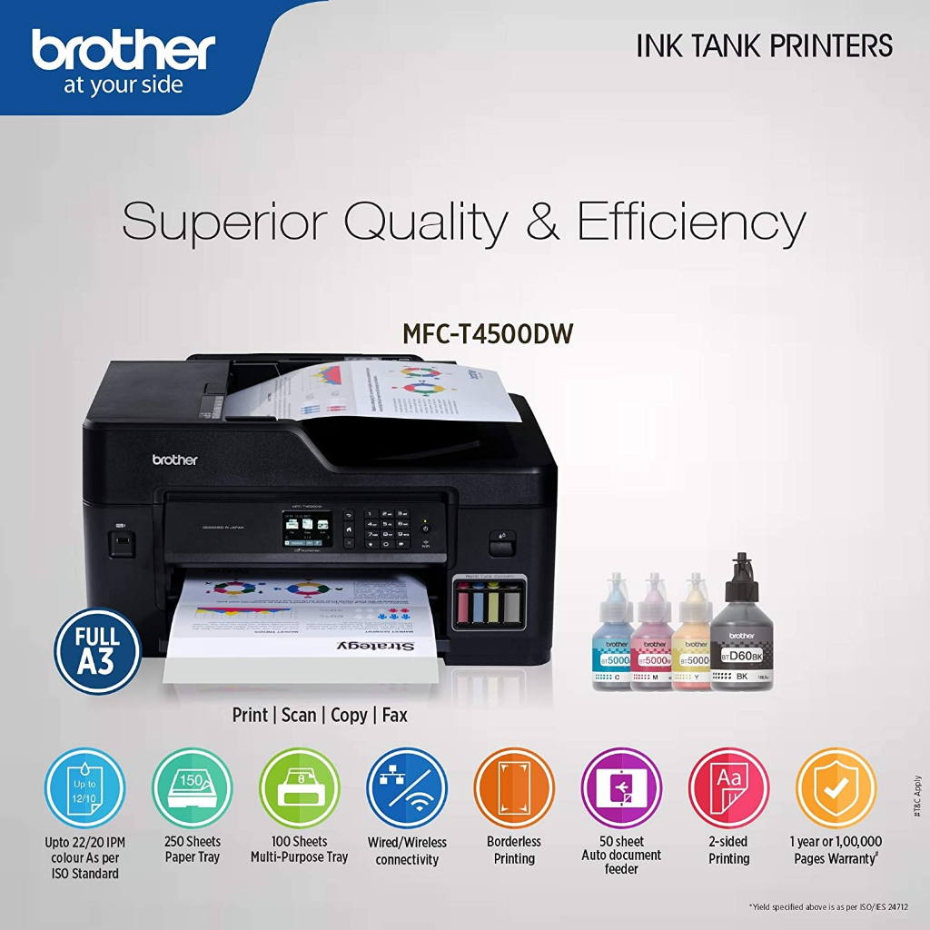 Printer Brother MFC T4500DW All In One Wifi ADF Fax Auto Duplex A3 Wireless