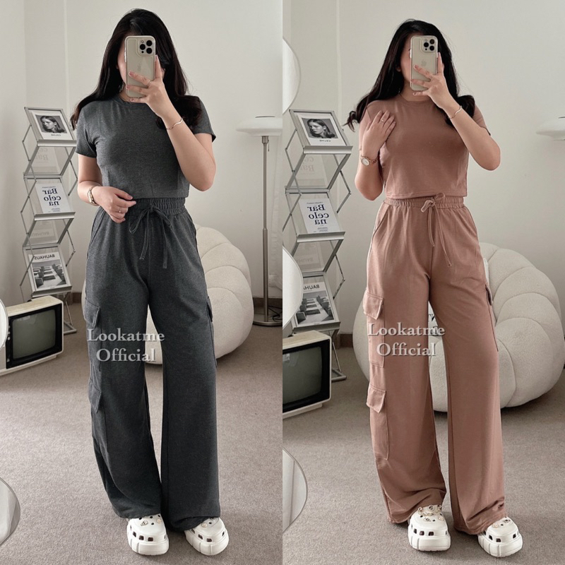 lookatmeofficial - Taylor One Set Top + Cargo Pants - Setelan Wanita Celana Kargo Loose Pants Full Karet Panjang