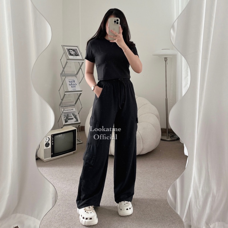 lookatmeofficial - Taylor One Set Top + Cargo Pants - Setelan Wanita Celana Kargo Loose Pants Full Karet Panjang