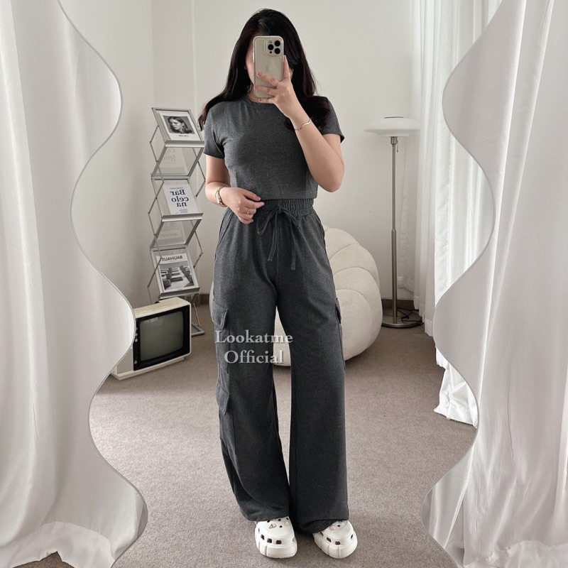 lookatmeofficial - Taylor One Set Top + Cargo Pants - Setelan Wanita Celana Kargo Loose Pants Full Karet Panjang