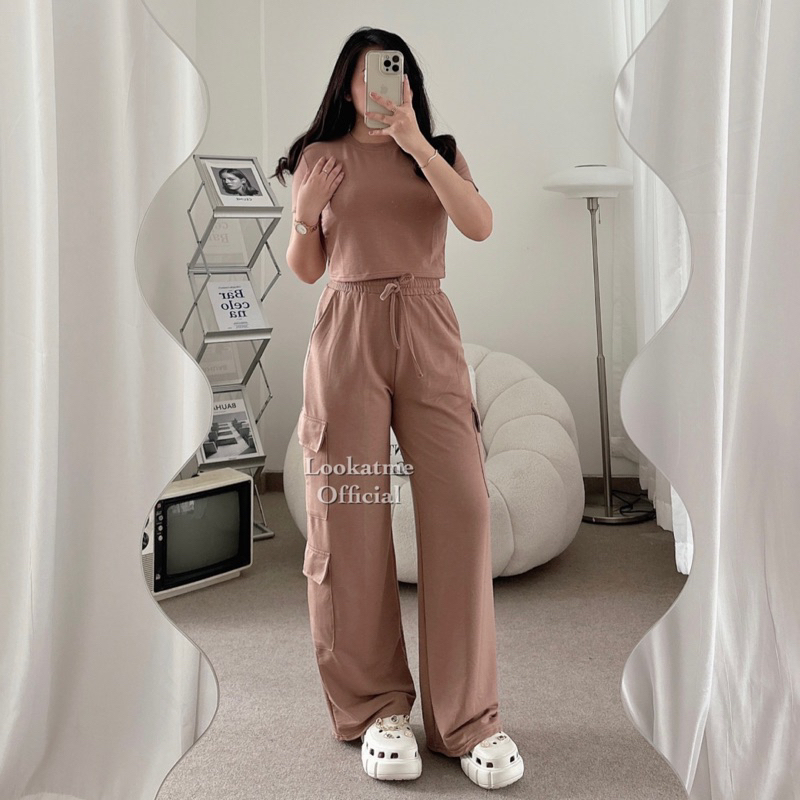 lookatmeofficial - Taylor One Set Top + Cargo Pants - Setelan Wanita Celana Kargo Loose Pants Full Karet Panjang