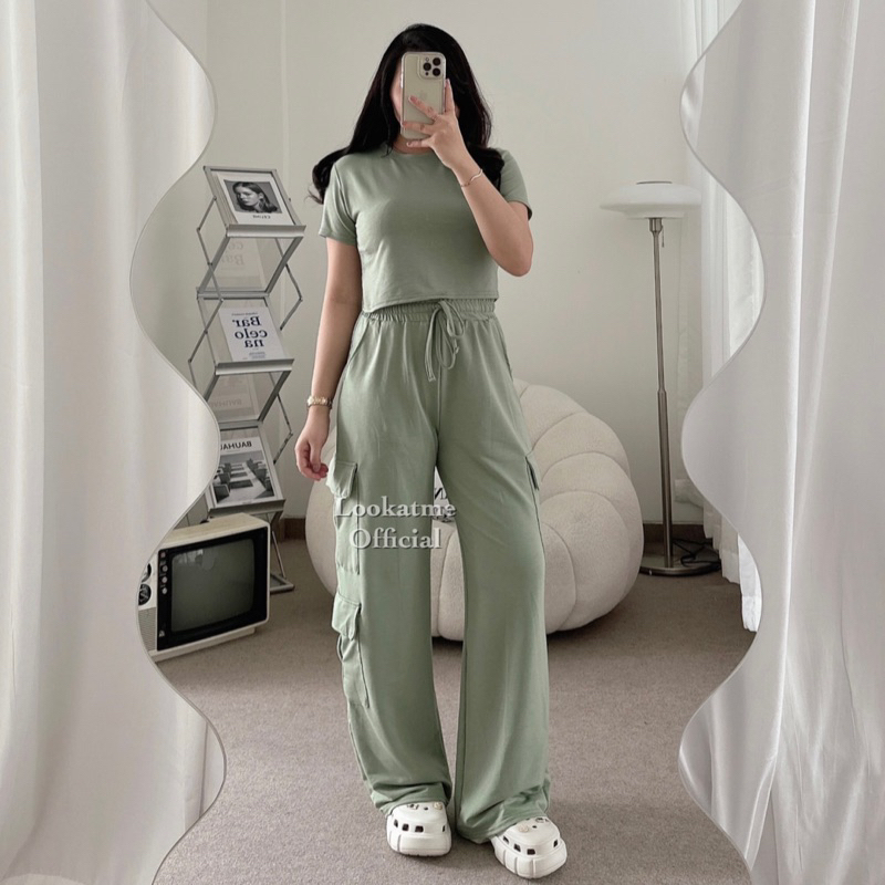 lookatmeofficial - Taylor One Set Top + Cargo Pants - Setelan Wanita Celana Kargo Loose Pants Full Karet Panjang