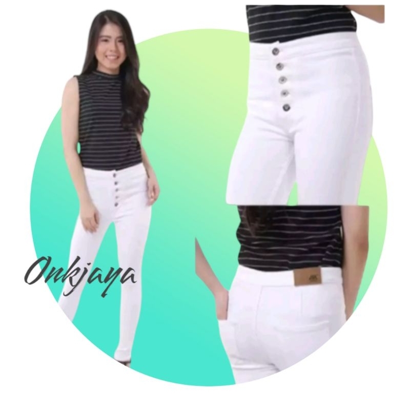 CELANA JEANS PUTIH JUMBO HIGHWAIST SKINNY WANITA BIG SIZE 27-34 ONKJAYA