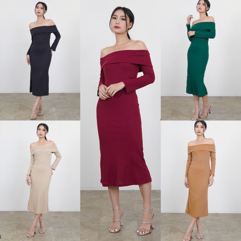 Amora Slim Dress Maxi Wanita Rajut Rib Knit Sabrina Lengan Panjang Pesta Party Kondangan