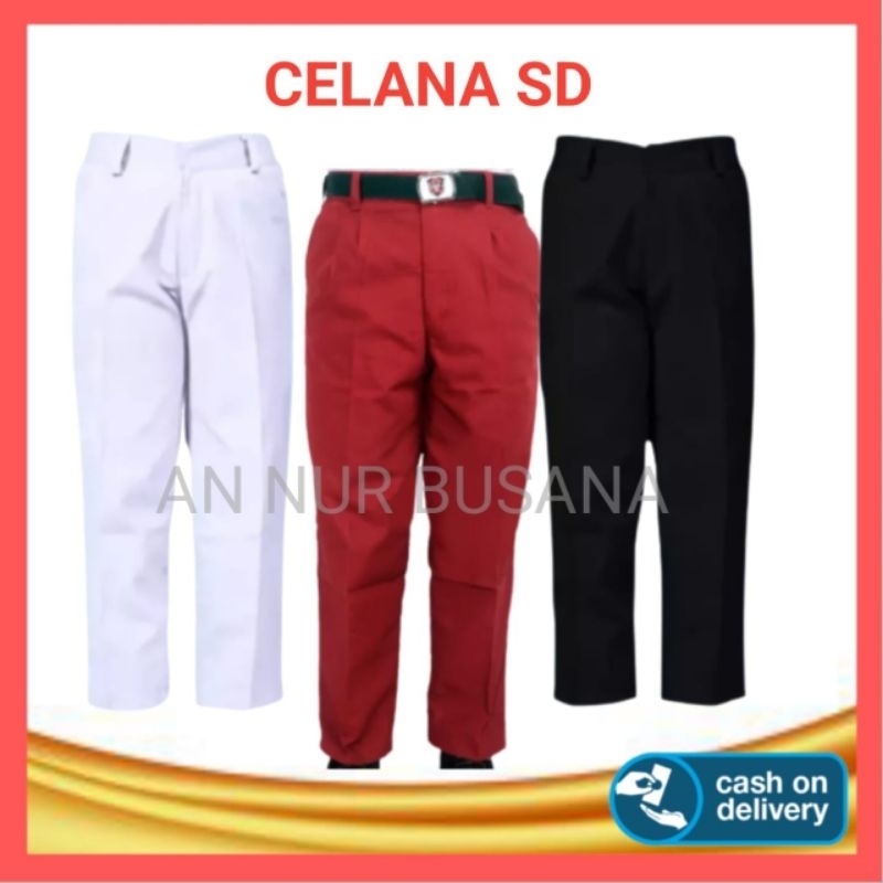 Sekolah Merah Panjang Celana Panjang Seragam SD Warna Merah Bahan Drill dengan Tiga Kantong Celana P