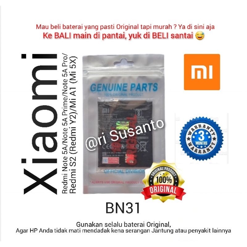 Baterai Xiaomi Redmi Note 5A/Note 5A Prime/Note 5A Pro/S2 (Redmi Y2)/Mi A1 (Mi 5X) BN31 BN-31 Asli (