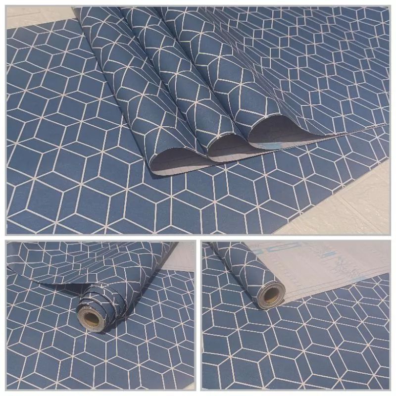 BARU.. Wallpaper Dinding Hexagonal Biru Lis Putih Dekorasi Kamar Ruang Tamu