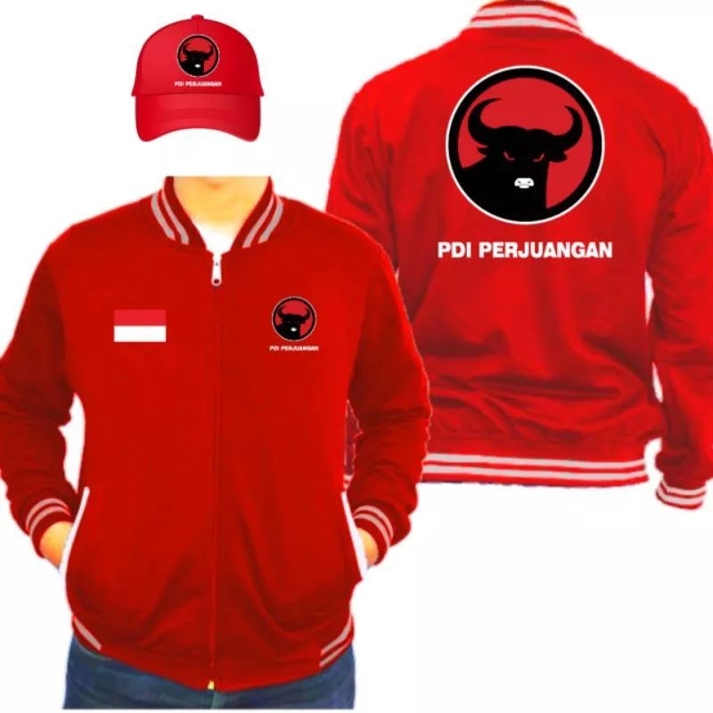 Jaket Varsity resleting parpol PDI Perjuangan PDIP (Free Topi jaring)