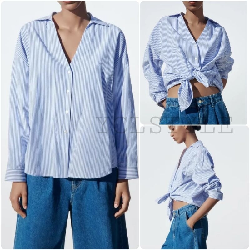 TRAF V NECK STRIPE BLOUSE KEMEJA SALUR VNECK WANITA IMPORT