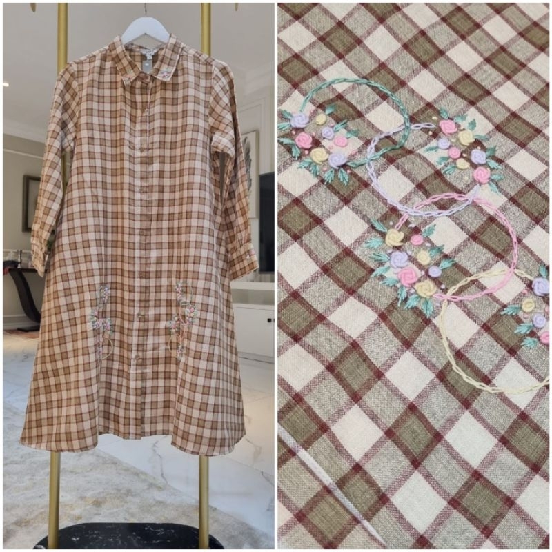 Kemeja Tunik Katun kotak + sulam Ori By Edness Kayla